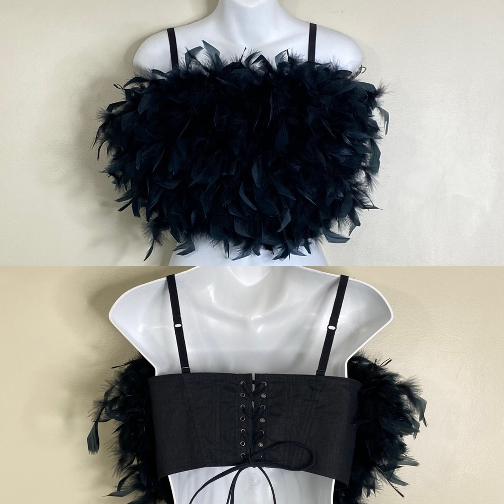 100% LINEN CROPPED CORSET BODICE FEATHER FRONT LACEUP BACK SIZE M ADJUSTABLE